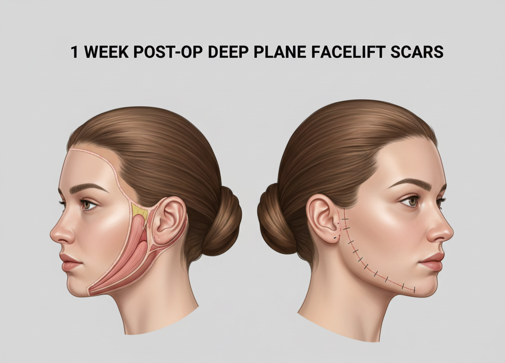 1 week post op deep plane facelift scars